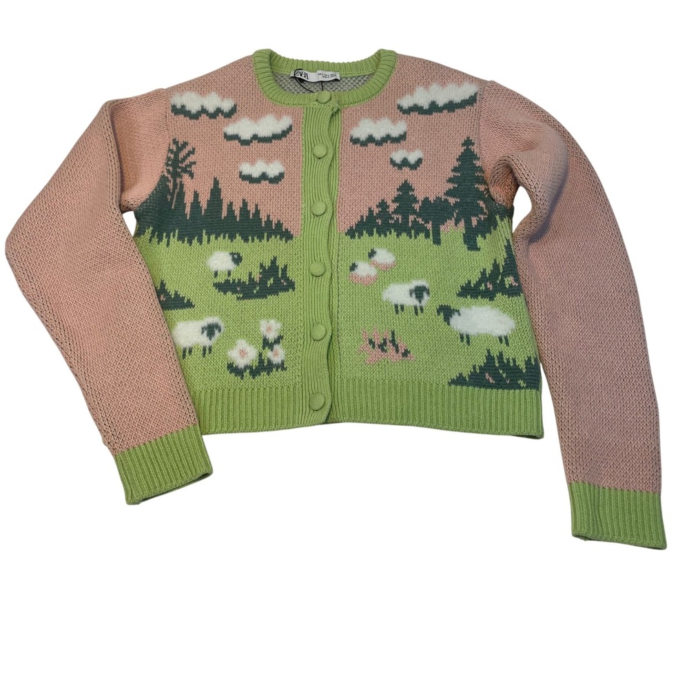 ZARA Women's Knit Jacquard Fuzzy Sheep Landscape Cardigan Pink Green Size S‎ - Picture 8 of 16